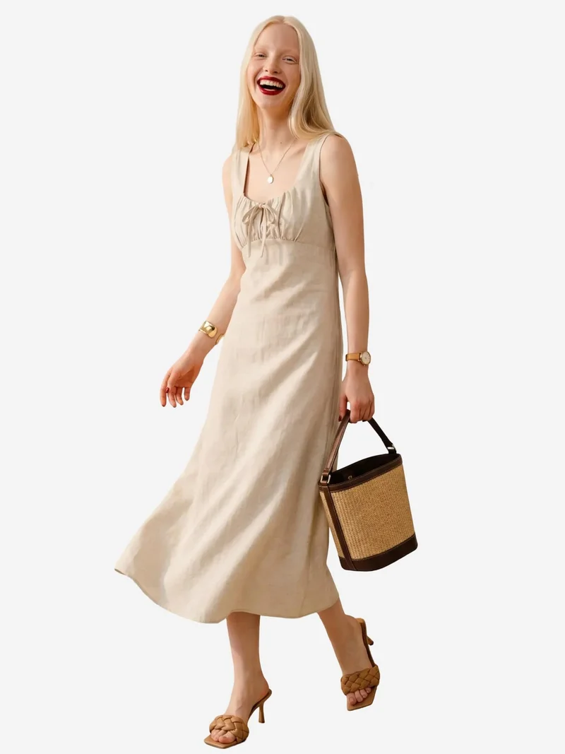 MY FASHION Midi Linen Dress with Tie Detail